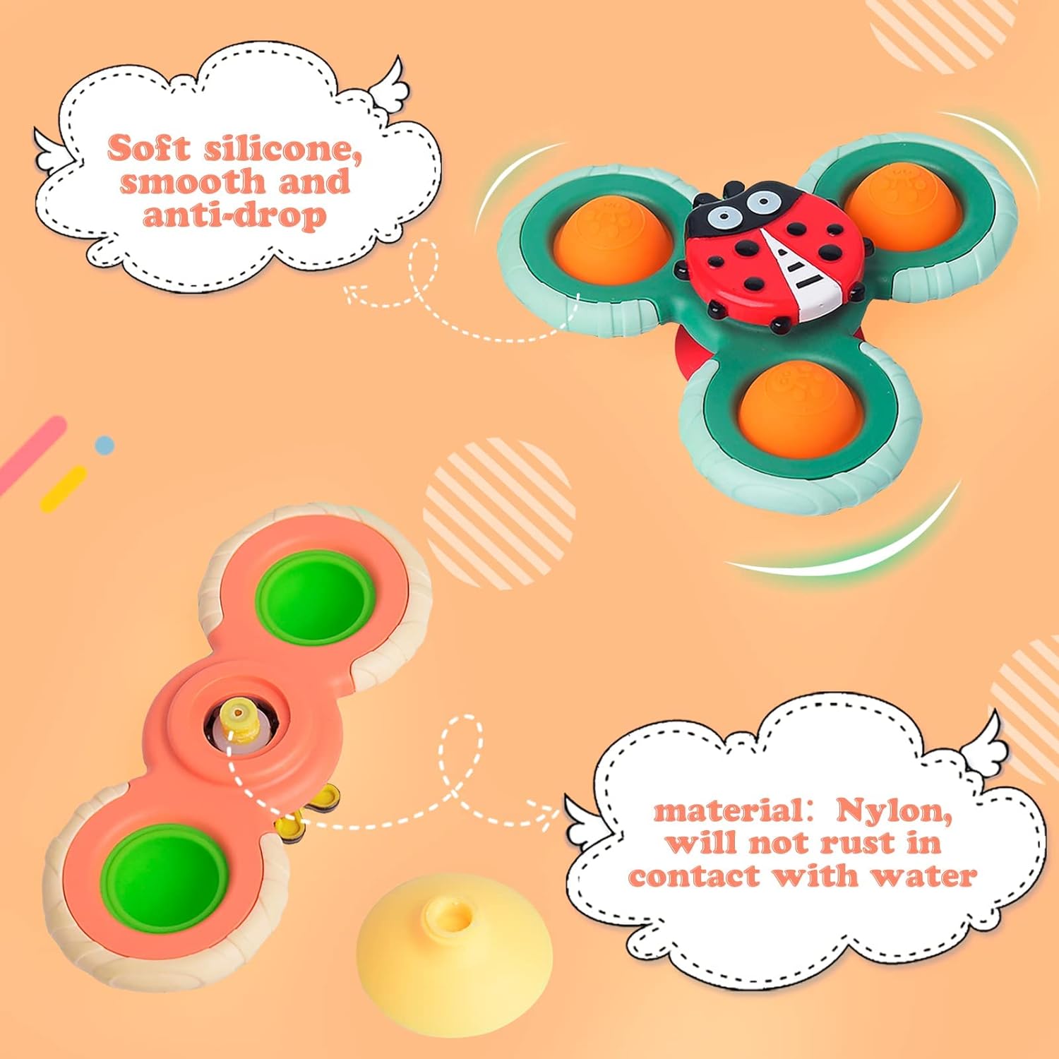 Outgeek Suction Cup Spinner Toys: 3PCS Kids Spinning Top Toys Baby Dimple Toy Sensory Toys Fidget Spinners Suction Cup Babies Bath Toys Gift Toys for Toddlers (Second Edition) (White) - Image 5